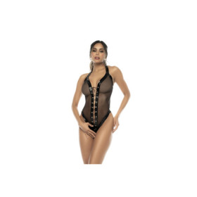 Bodystring Willa noir en vinyl et tulle avec laçage sur le devant 